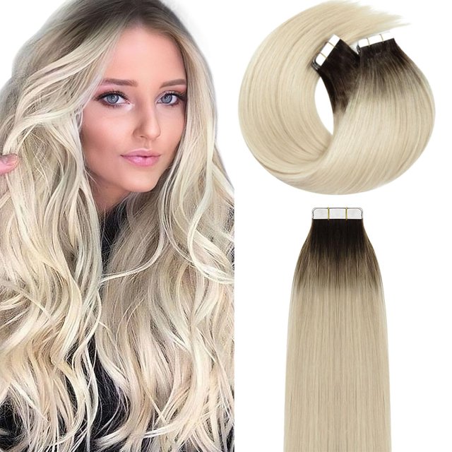 Lacer Cinta en extensiones de cabello Cabello humano teñido por inmersión Ombre Marrón más oscuro a rubio platino Sin costuras Pu Trama de piel Cabello natural 20 pulgadas Cinta invisible en extension
