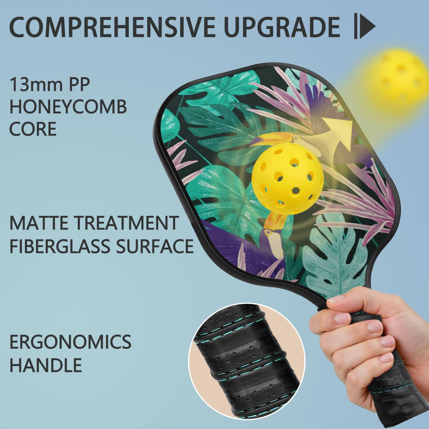 Pickleball Paddles Set Of 2, Fiberglass Surface, Tropical Jungle Print, 4 Balls & Bag