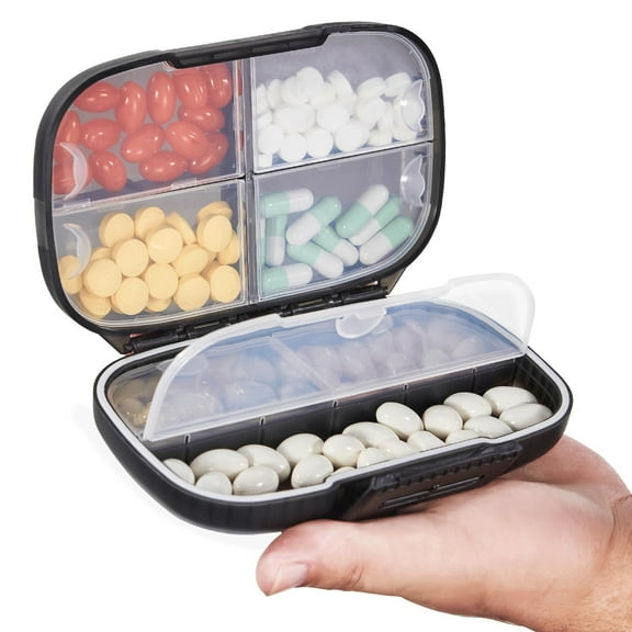Travel Pill Organizer Weekly with Double Lock, Portable Pill Box with Large 7 Compartment, Airtight Daily Medicine Case Container with Labels for Vitamins/Fish Oils/Supplements