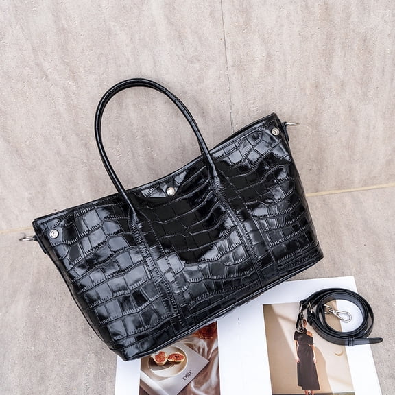 Genuine Leather Cowhide Tote Bag, Crocodile Embossed, Convertible Crossbody Shoulder Bag for Women