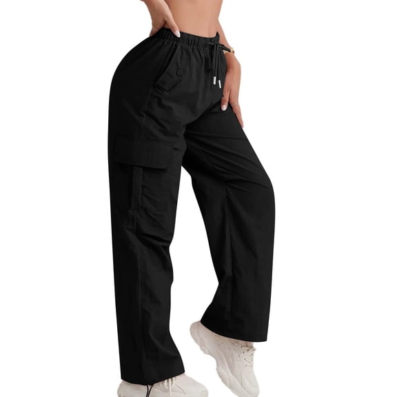 WTOBBY Women's Fashion Casual Solid Color Drawstring High Waist Pants with Pockets for Work Lounge Comfort,Black L