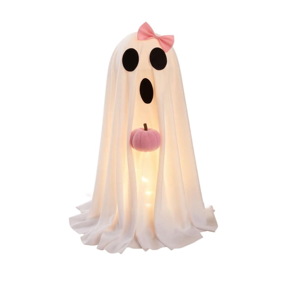 Halloween Decorations Outdoor, Halloween Ghost Decor, Light Up Halloween Decorations, Halloween Pumpkin Decor, 20 Inch Fabric Ghost with Pink Bow, Warm Led Interior Light, Indoor