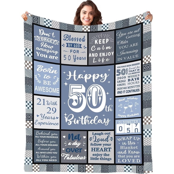 50th Birthday Blanket Gifts for Women Men - 50 Years Old Birthday Decorations Presents, Personalised Blue Flanell 50th Birthday Blanket Gifts for Women Men Wife Sister