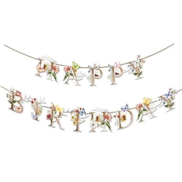 Banner TSOUOEA con diseño de mariposas para feliz cumpleaños y flores silvestres