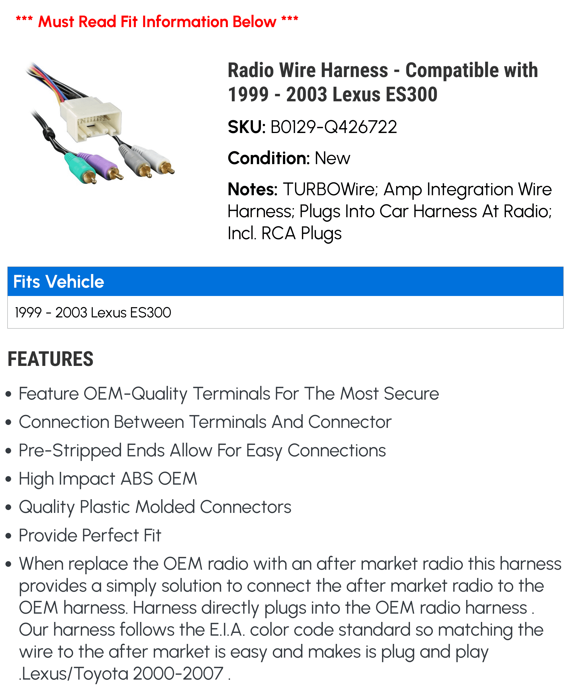 Radio Wire Harness - Compatible with 1999 - 2003 ES300 2000 2001 2002