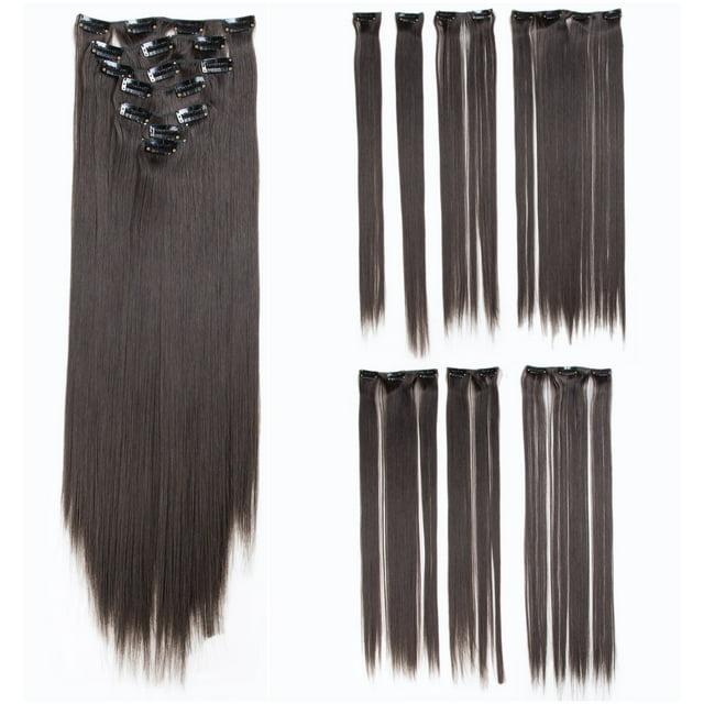 SWACC Extensiones de cabello sintético con clip para mujer, 22 pulgadas, cabeza completa recta, 7 piezas separadas, resistentes al calor (marrón oscuro-4#)