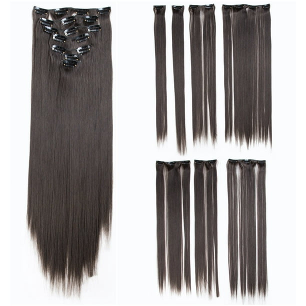SWACC Extensiones de cabello sintético con clip para mujer, 22 pulgadas, cabeza completa recta, 7 piezas separadas, resistentes al calor (marrón oscuro-4#)
