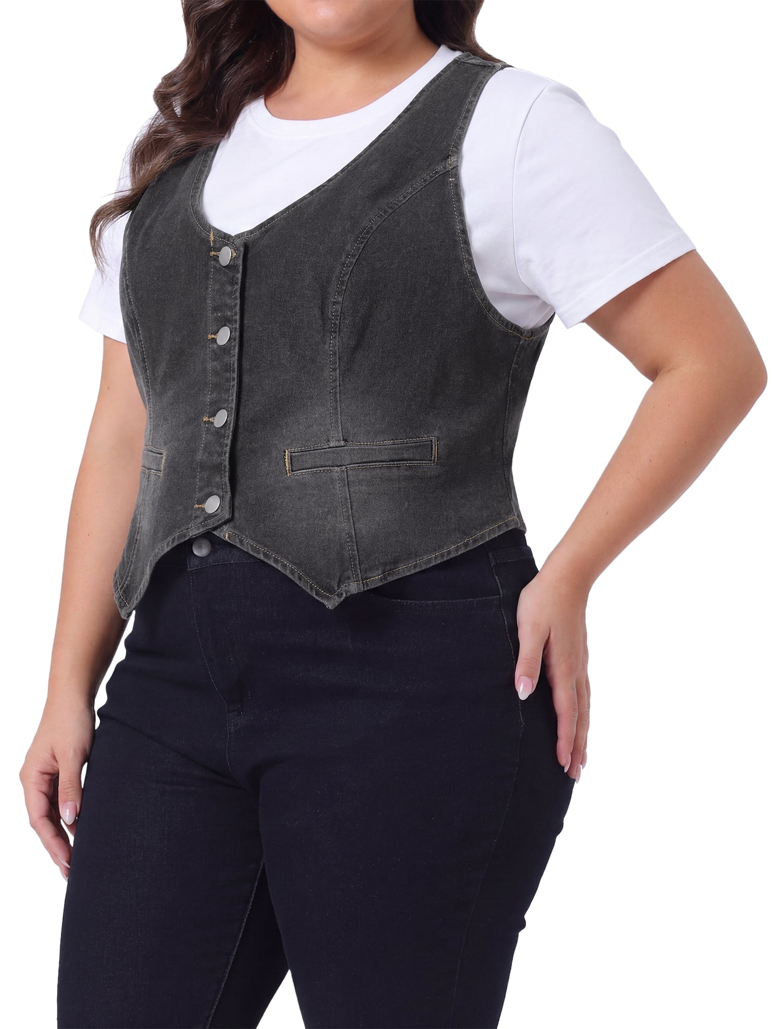 DARING DIVA Women's Plus Size Button Down V Neck Sleeveless Jean Waistcoat 1X Gray