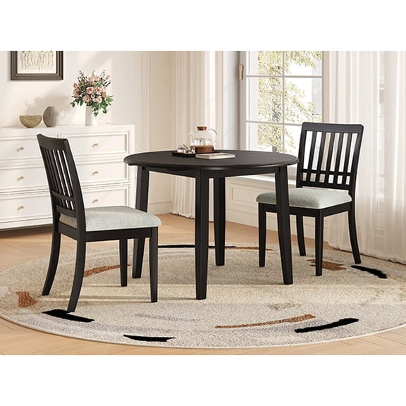 3-Piece Round Dining Table Set for 2 People, 1 Folding Wood Dining Table 2 Upholstered Chairs, Space-Saving Design for Small Apartments and Dining Areas - BLACK