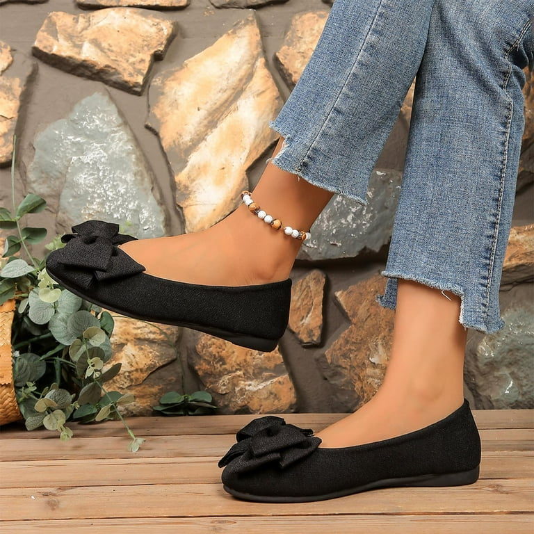 cute dress shoes for wide feet RUIYANQI Women's Wide Width Bow Accent Loafers, Faux Suede Round Toe Slip-On Soft Sole Casual Dress Shoes for Spring & Fall, Multi-Color, Size: 39