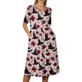 thumbnail image 5 of Women's Halloween Print Round Neck Dress with Pockets Short Sleeve Loose Midi Casual Dress for Women Fall Outfit Daily Wear Deep Red L, 5 of 6