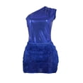 thumbnail image 3 of Baberdicy 2Pcs Women 2 Piece Outfits Clubwear One Shoulder Metallic Bodysuit Top Night Party Club Mini Skirt Set Bodycon Dresses for Women, Fringe Mini Dress Blue Mardi Gras, 3 of 5