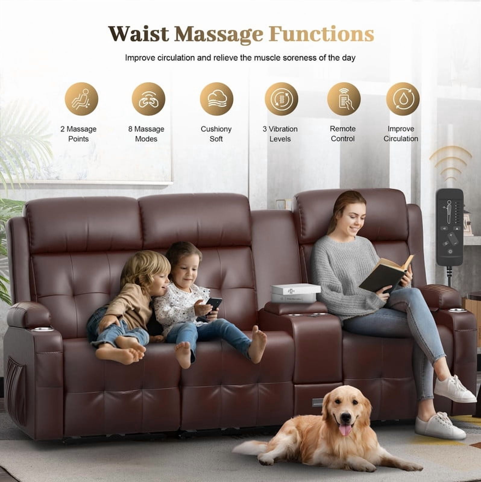 LOBERFVE Loveseat, 3 Seater Manual Recliner with Cup Holders, USB and Type-C Port, Faux Leather Recliner Chair with Massage Function for Living Room Furniture, Brown