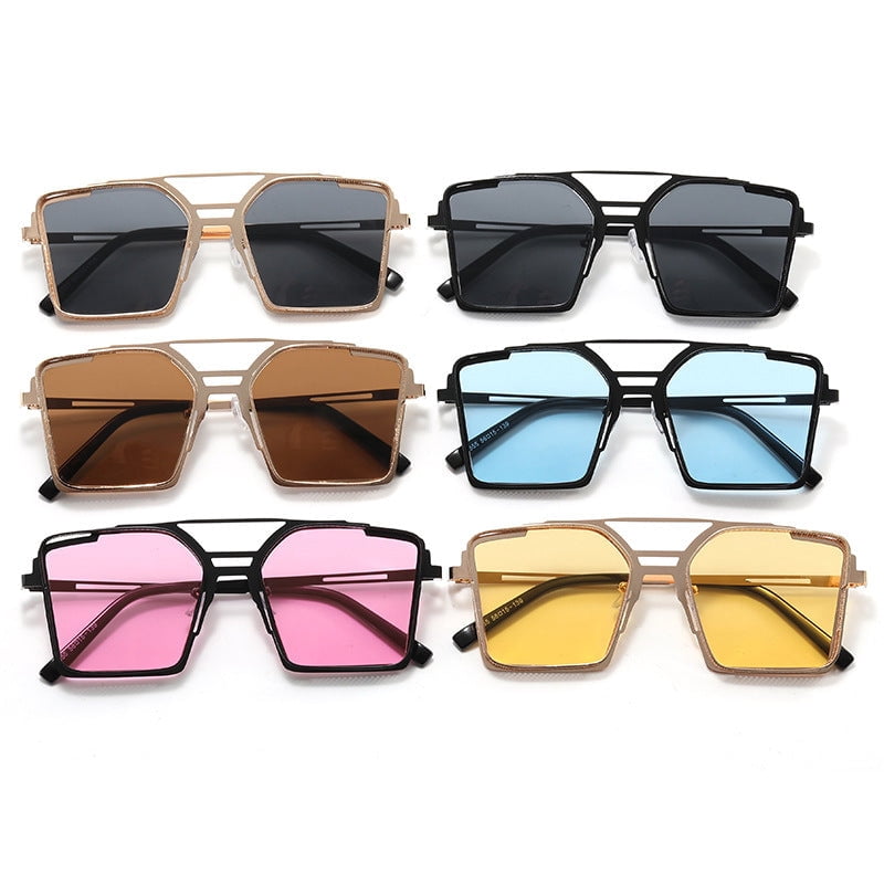 Mens Sunglasses Metal Hollow Square Frame Trendy Double Beam Design for Outdoor Sports Fishing Travel Driving Stage