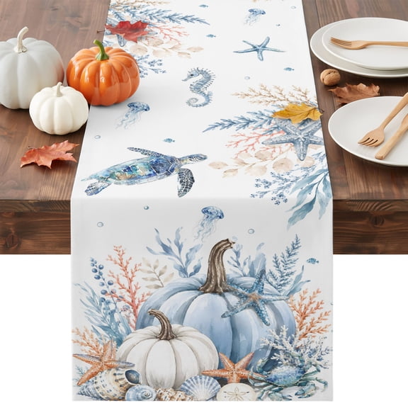 Coastal Thanksgiving Table Runner - 60 Inch Long Fall Blue Pumpkins Sea Turtle Coral Cotton and Linen Blended Dress Scarves Farmhouse Table Runner for Kitchen Dining, Coffee Table, 13" x 60"