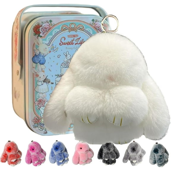 Bunny Keychain with Tin - 5.8" Handmade Soft Plush Rabbit Charm, 20 Colors, Cute Gifts for Women & Teens