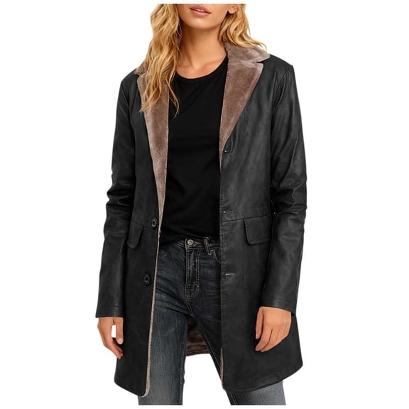 Gytharion Women’s Plus Size Faux Leather Jackets Turn Down Collar Long Sleeve Button Down Coats Solid Color Casual Jackets with Pockets