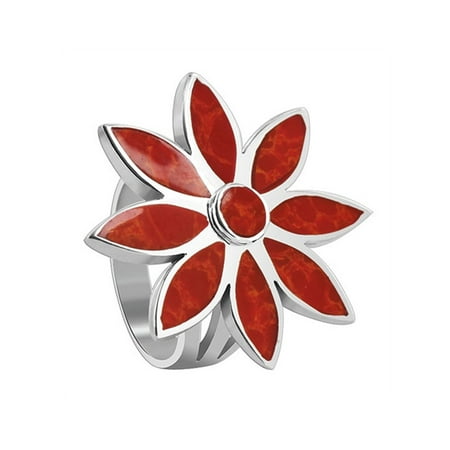 Gemstone Sterling Silver Flower Ring - Gem Avenue 925 Sterling Silver Red Color Coral Flower Shape Ring