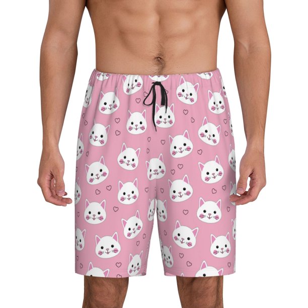 Balery Cute Cat Pantalones cortos de pijama de punto de algodón para hombre con cinturilla y bolsillos-3X-Large