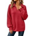 thumbnail image 2 of Waffle Knit Sweatshirt for Women Oversized Lapel V-Neck Long Sleeve Pullover with Pockets Loose Casual Fall Winter Top, 2 of 9