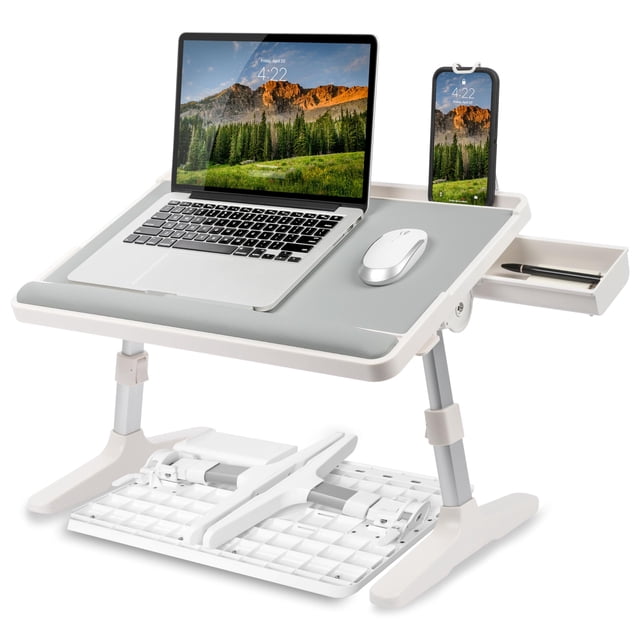 LAPGEAR Bureau de Lit en Cuir Inclinable avec Pieds Réglables, Repose-Poignet, Emplacement pour Média et Rangement Intégré - Gris - Convient aux Ordinateurs Portables jusqu'à 17 Pouces - Style No. 78505