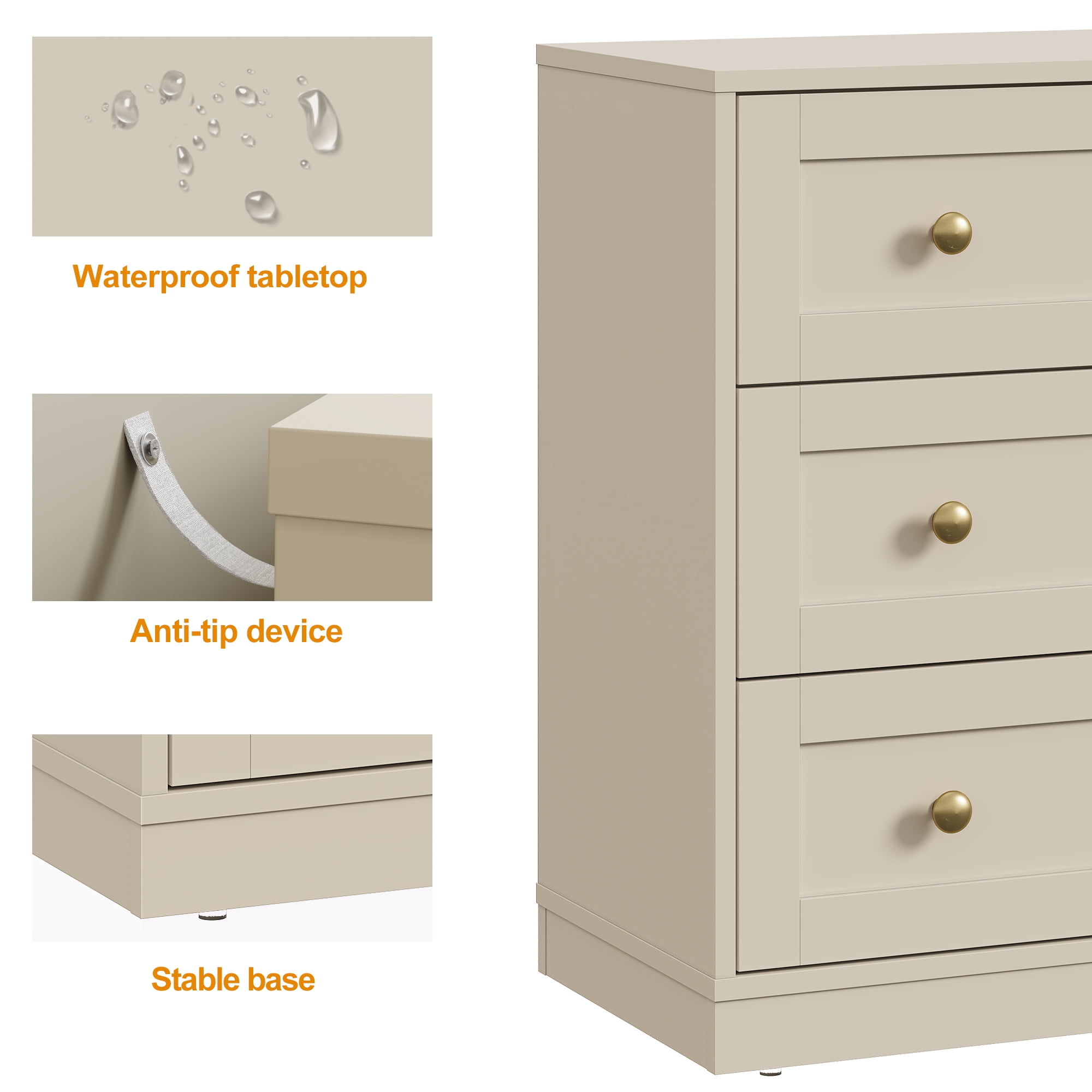 May in Color 3 Drawer Nightstand Set of 2, Modern Wood End Table with Gold Knobs, Beige