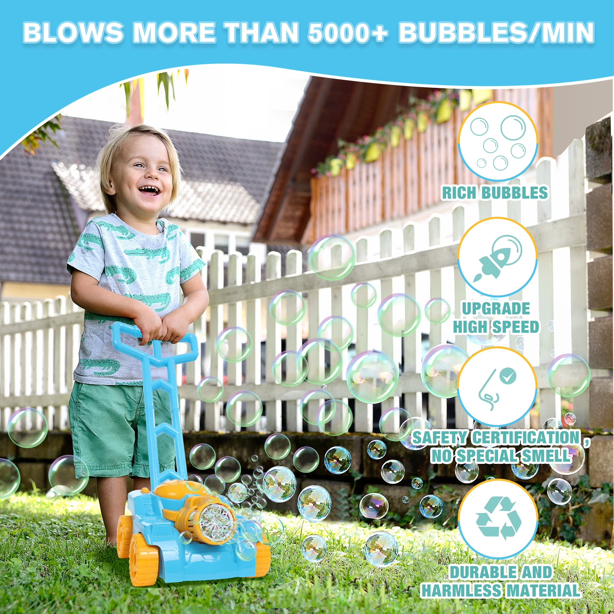 Wisairt Bubble Lawn Mower, Bubble Machine for Toddlers Kids, Outdoor Push Toy Gift for Preschool Boy Girl 3+, Blue & Yellow