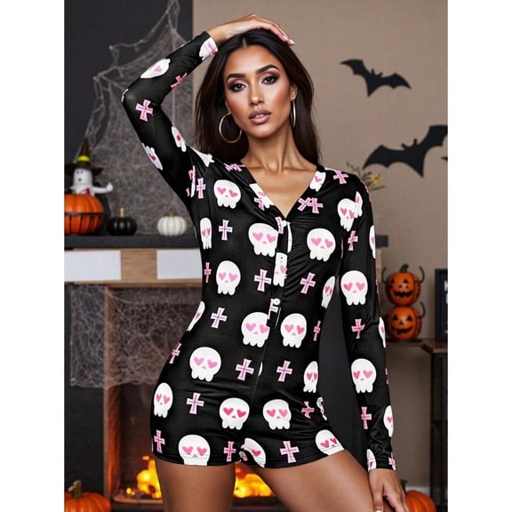 Black Womens Halloween Skull Print Button-Up Long Sleeve Romper Pajamas
