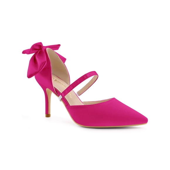 BLISSFUL STEP Women's Shoes Satin High Heel Pumps Bow Decor Pointed Toe Slip-On Shoes Hot Pink 11