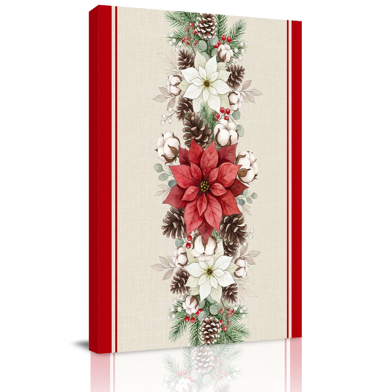 Canvas Wall Art Christmas Poinsettia Framed Canvas Prints for Living Room Bedroom Farmhouse Winter Xmas Pine Cones Extra Large Gallery Wrapped Wall Decor for Home Office Gifts 24 x36