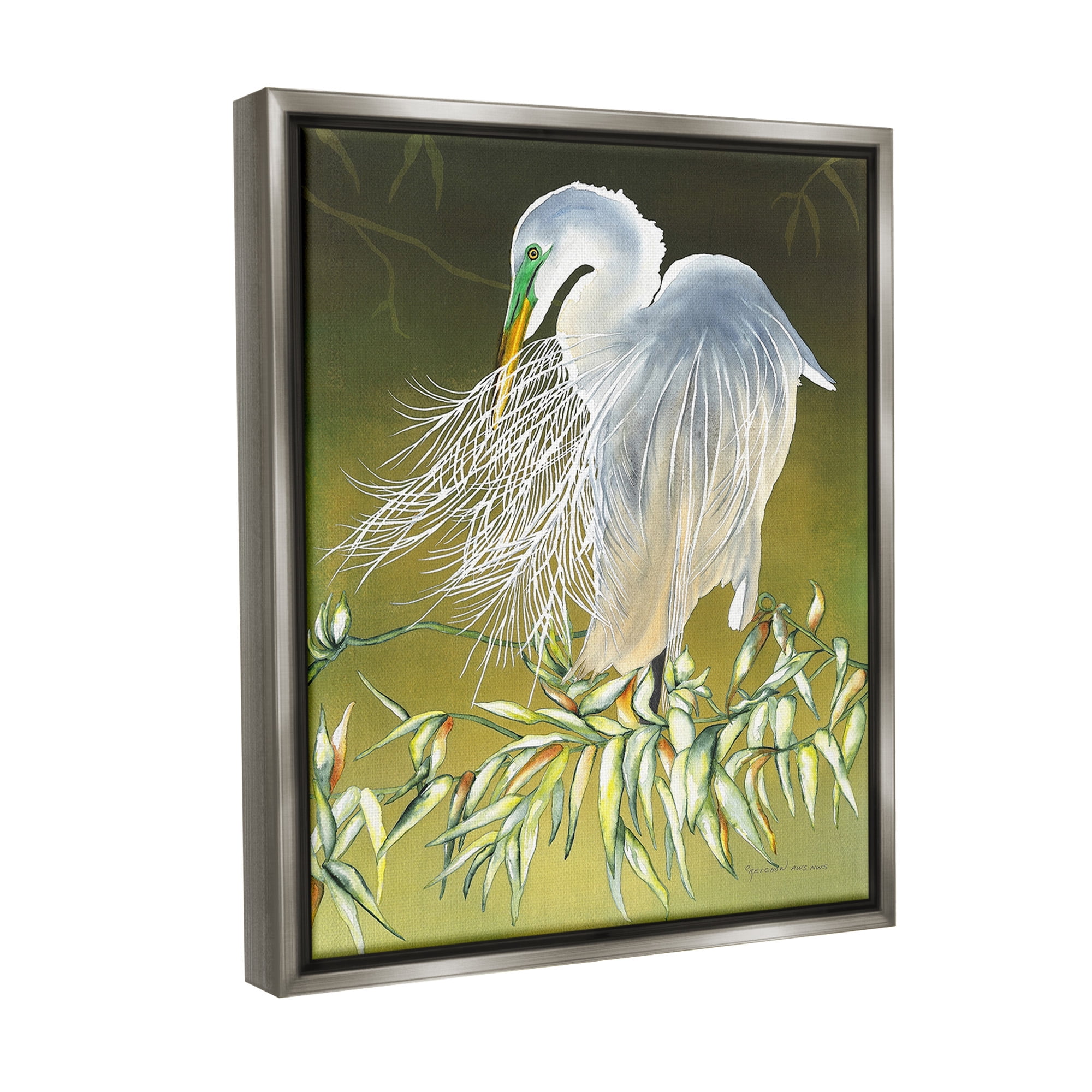 Stupell Industries Elegant Egret Bird Animals & Insects Painting Gray Floater Framed Canvas Art Print Wall Art, 25 x 31