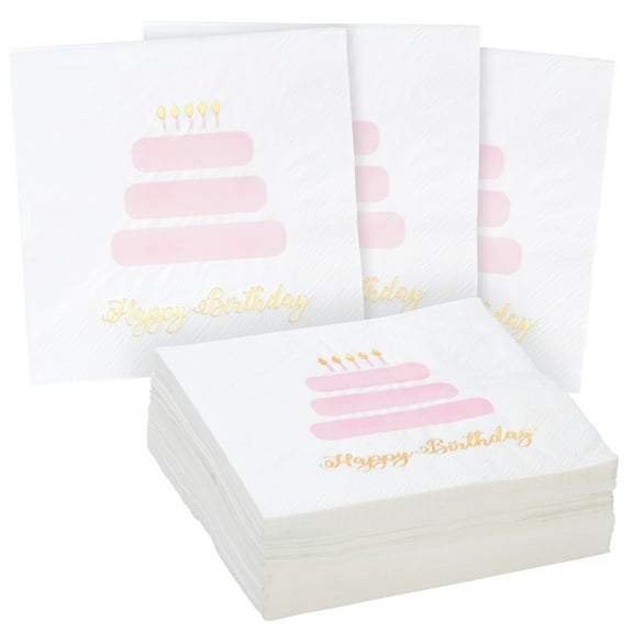 50 Pack Happy Birthday Cocktail Napkins for Women with Gold Foil Accents (Light Pink, 5 x 5 In)