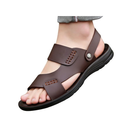 

Daeful Men s Slide Sandal Adjustable Strap Flat Sandals Summer Beach Shoes Fashion Slip On Slides Mens Faux Leather Brown-B 6