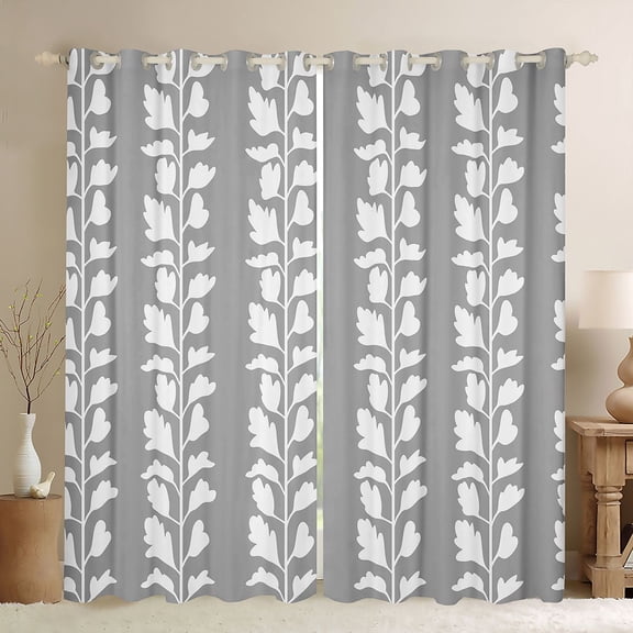 jejeloiu Vintage Leaves Pattern Black Out Curtains,White Gray Curtains Pack of 2 (42x63 Each) For Kids