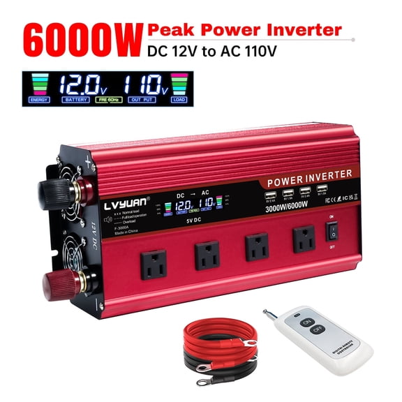 3000W / 6000W Modified Sine Wave Power Inverter DC 12V to AC 110V Converter with LCD Display & Remote Control 4AC 4USB