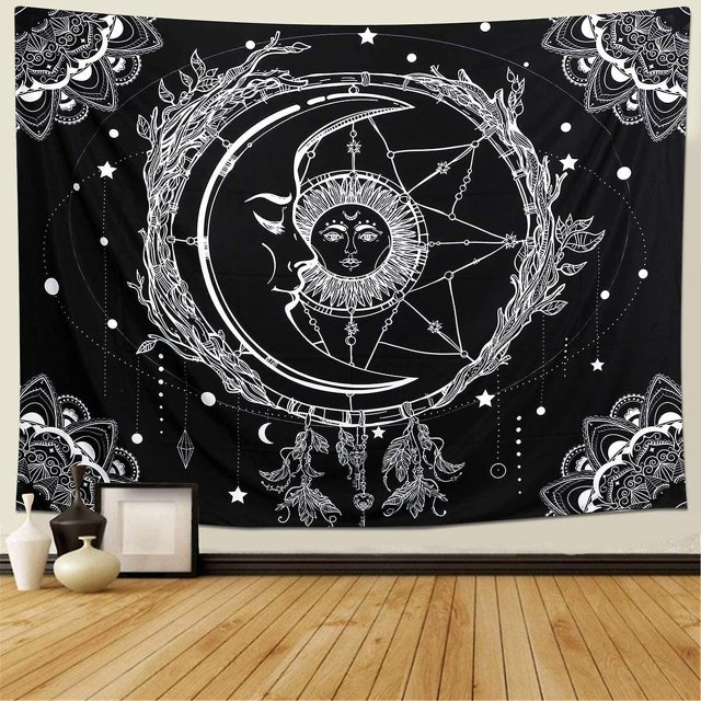Tapiz de sol y luna, tapiz de tarot, blanco y negro, tapices celestes, tapiz de pared, mandala india, decoración de dormitorios, decoración de dormitorios, tiro de playa Feliz Sencillez