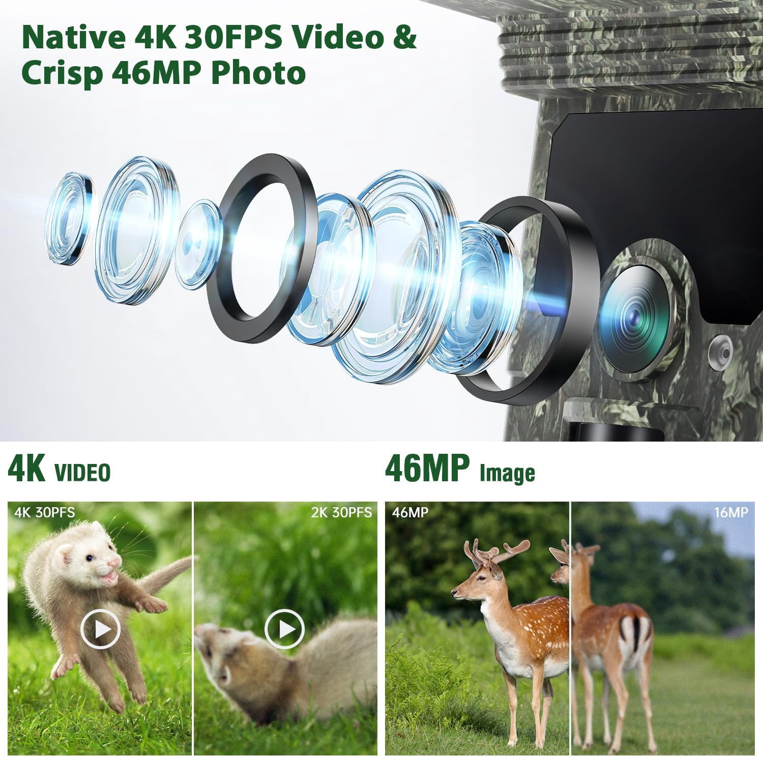 CAMPARK WiFi Trail Camera Solar Powered Native 4K 30fps 46MP Bluetooth Game Camera with Loop Recording 0.1s Motion Activated Night Vision Waterproof Hunting Trail Cam for Wildlife Monitoring