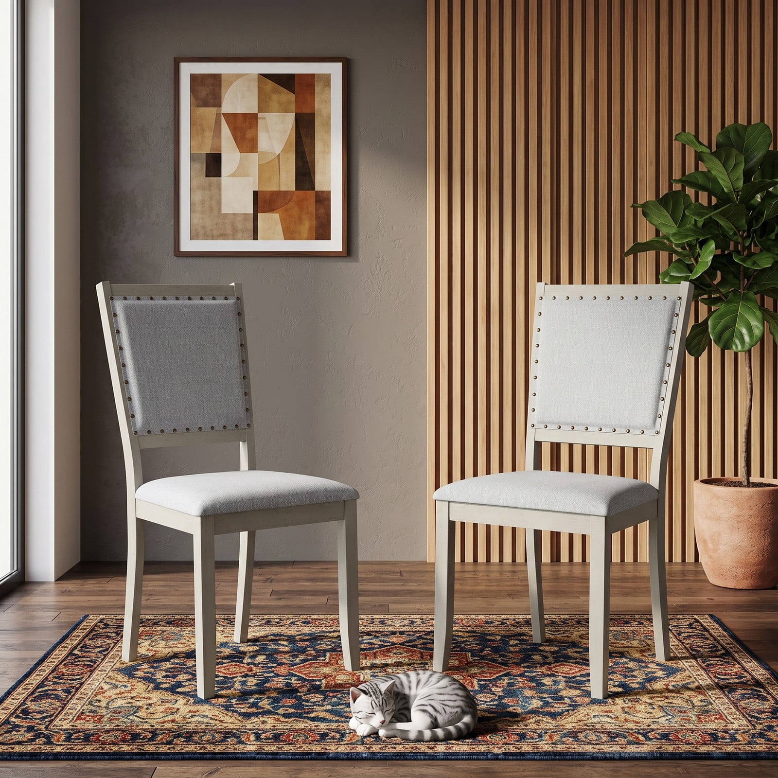 Furnibear Farmhouse Dining Chair Set of 2, Fabric Upholstered Kitchen Chairs with Rubber Wood Frame, Padded Seat and Vintage Nailhead Trim for Dining Room Cafe, Gray