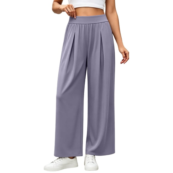 Kvture Chiffon Flowy Pleated Wide Leg Pant for Women Lightweight High Waist Trouser with Pockets Gray Pant S