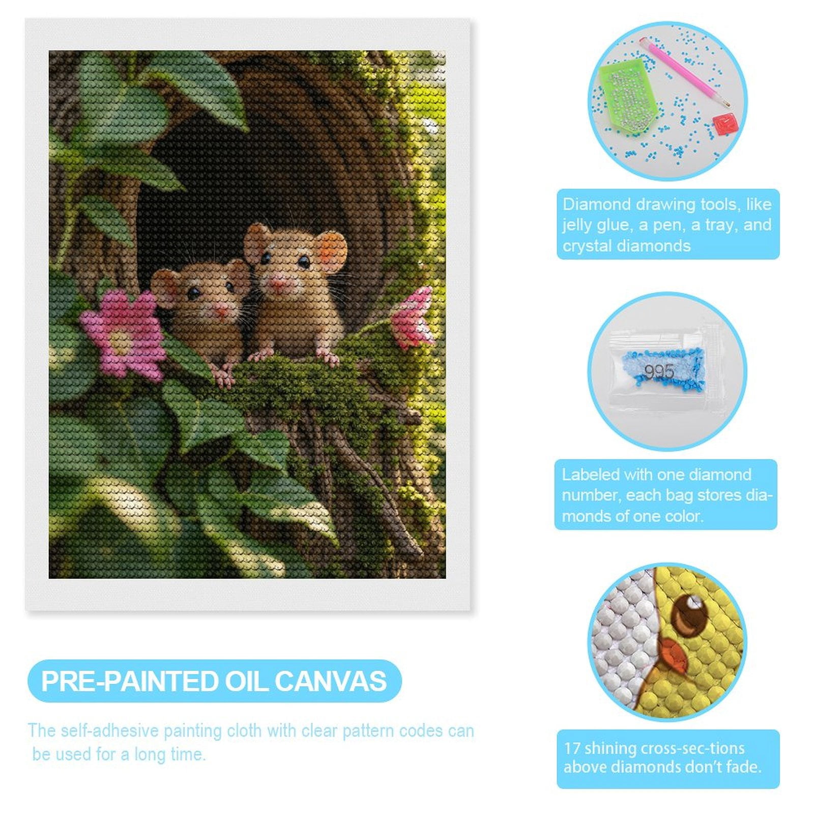 Diamond Art Kits for Adults, Mouse Pair Forest Flowers 5D Diamond Painting Kits for Adults Beginners, DIY Full Drill Diamond Painting, Gem Art and Crafts 12x16
