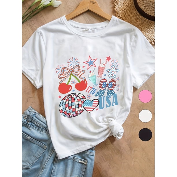 Camiseta de manga corta para niña, en rojo, blanco y azul, con temática del Día de la Independencia, en blanco y negro a elegir, 1 pieza, camiseta de algodón cómoda y transpirable de verano.