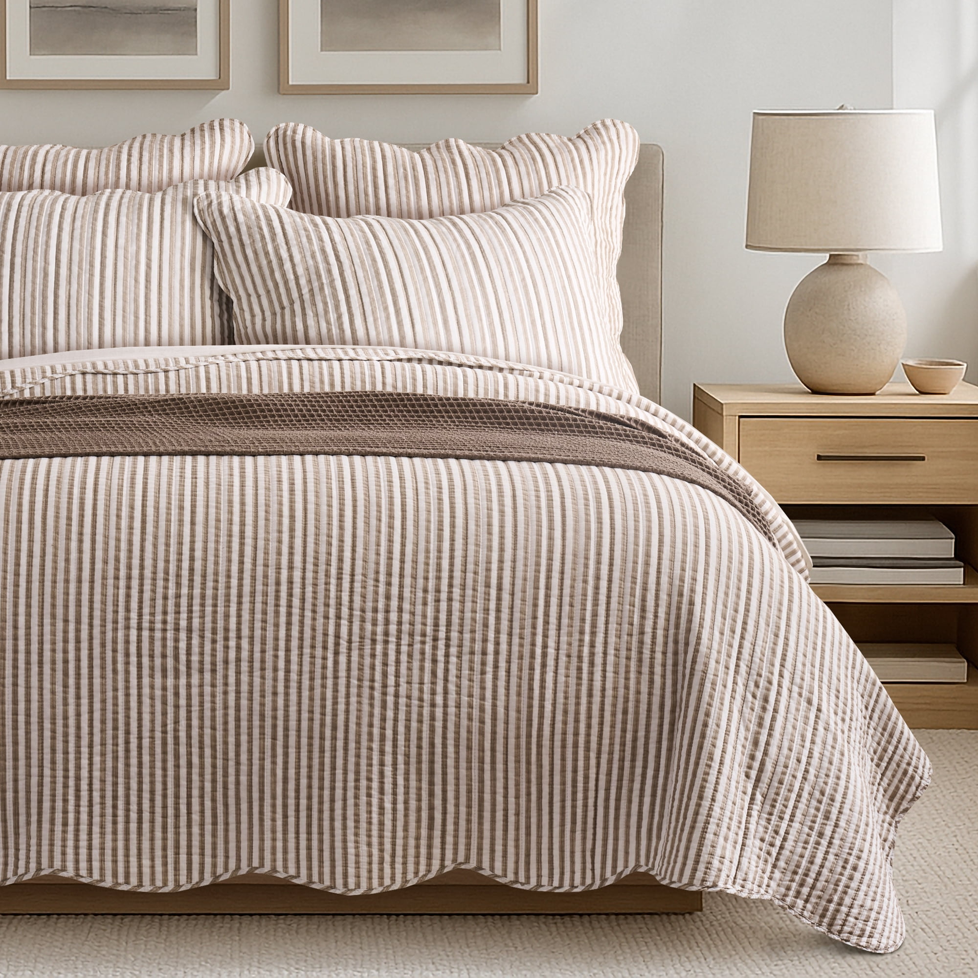 Levtex Home Martha Stripe Taupe Reversible Twin XL / Twin Quilt Set (68x86in) with 1 Pillow Sham (26x20in) - Stripe Bedding - Taupe, White - Cotton Twin Size Quilt Bedding Set - Scalloped Edge