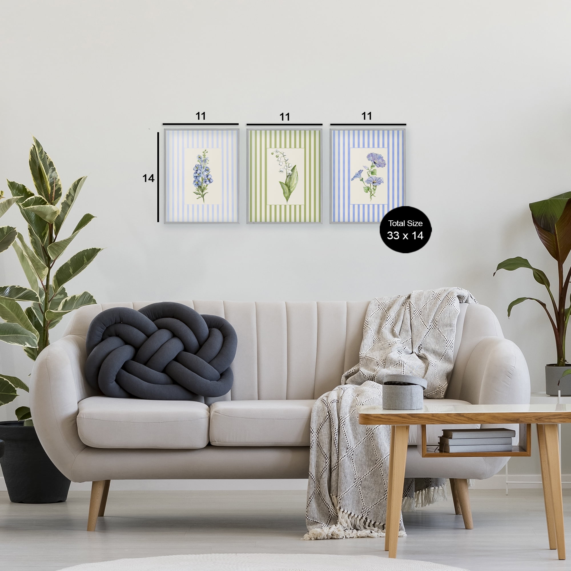 Soft Stripe Cottage Blooms 3 Piece Gray Framed Giclee Art Set, design by Lisa Wehmeyer