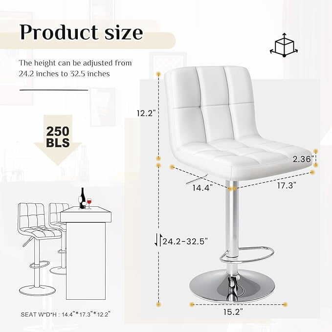 Sybels 2-Pack Adjustable Swivel Bar Stools, Armless PU Leather Counter Height Stools with Back，White