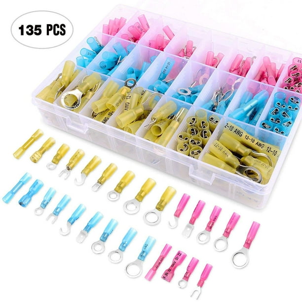 Nilight 135 Pcs Heat Shrink Wire Connectors Electrical Terminals Kit Marine Automotive Crimp Connector Assortment Ring Fork Hook Spade Butt