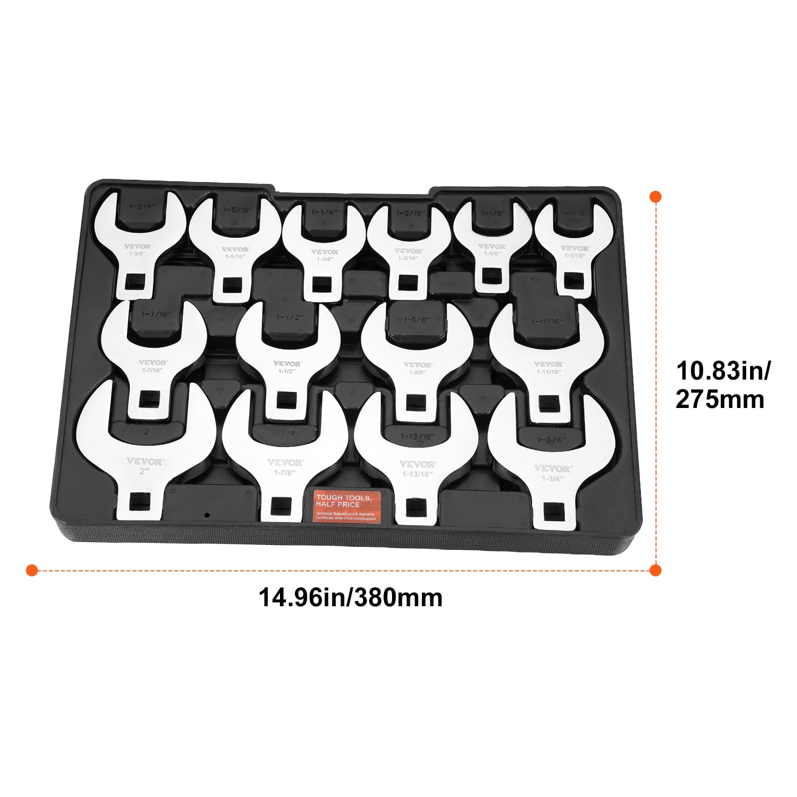 VEVOR Crowfoot Wrench Set, 1/2" Drive 14-Piece SAE (1-1/16" - 2") Crows Foot Wrench Set with Storage Tray, 40CR Material with Laser Etched Sizing, for Mechanical Maintenance or Repairs
