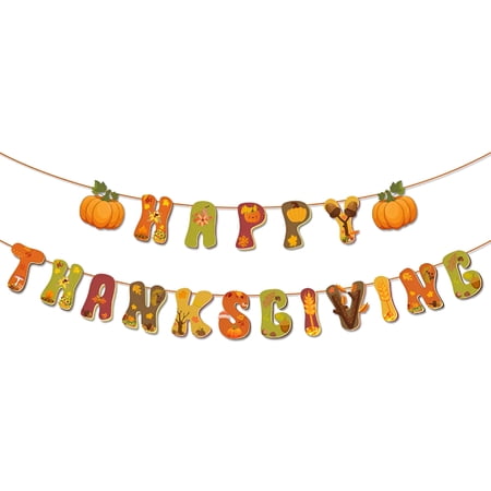 AUQ 2026 New Happy Thanksgiving Decorations Banner Give Thanks Banner Decorations Fall Banner Thanksgiving Turkey Pumpkin Maple Leaves Banner for Thanksgiving Fall Decorations