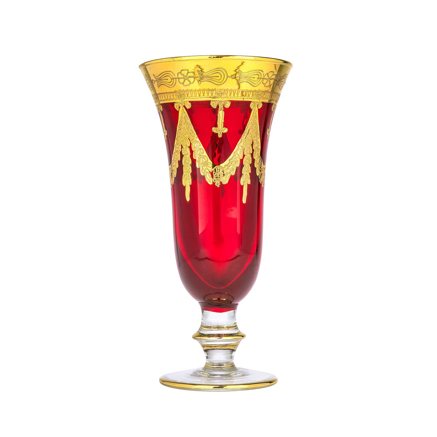 Interglass - Italy Ruby Red Crystal Champagne Flutes Vintage Design 24K Gold Hand Decorated, 9 oz, Set of 1 (Red, Champagne)