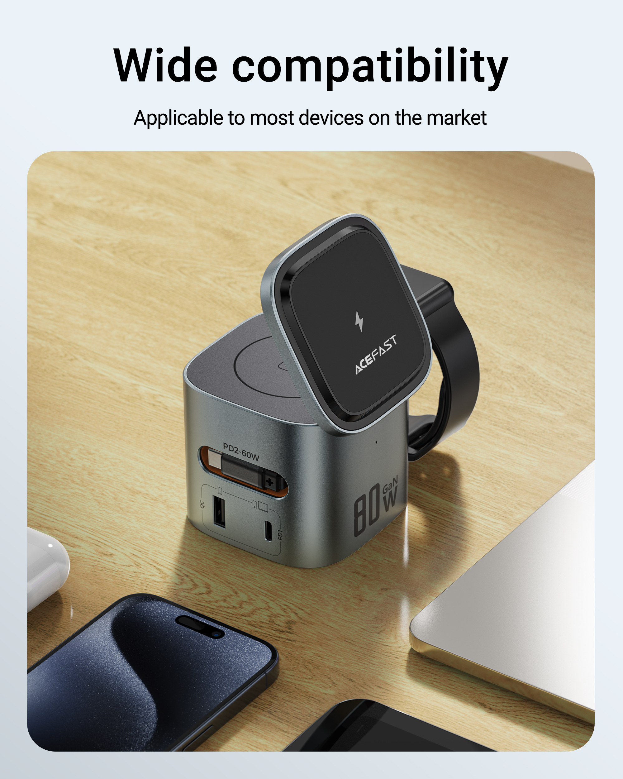 ACEFAST GaN 80W Fast Charging Station for Multiple Devices, 6-in-1 Cube Magnetic Wireless Charger with Retractable 65cm Cable for Smartphones, Laptops, iWatch and Air pods