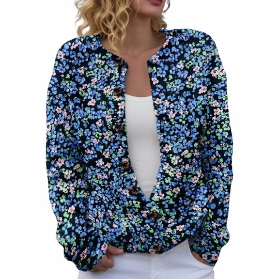 Kaondbfi Women's Cardigan, Open Front Cardigans Cute Flower Print Sweaters Crew Neck Button Down Trendy Fall Tops Coat Winter Clothing for Women